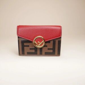 Fendi Red and Brown Card Holder with Gold Detail